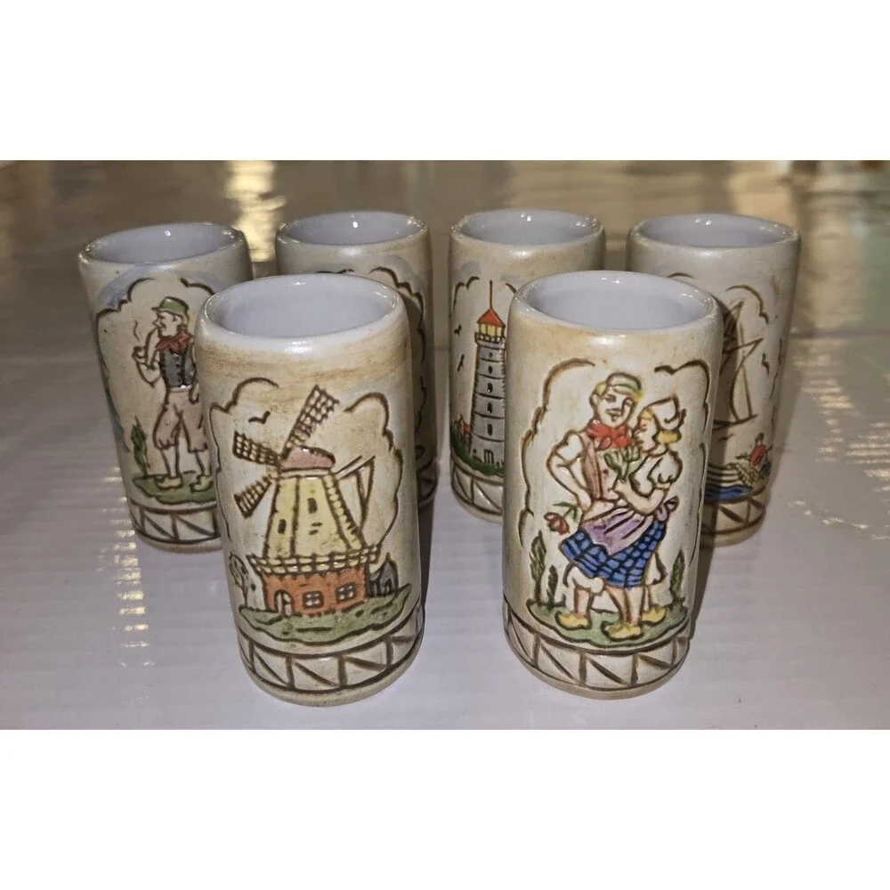 Vintage Dutch Holland Ceramic Shot Glasses Set of 6 Windmill Sailboat Folk Art